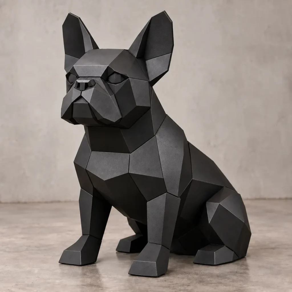 Faceted black steel dog sculpture in a low-poly geometric style