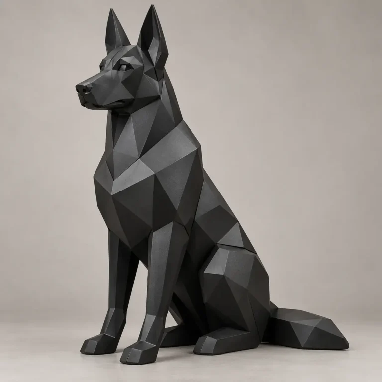 Geometric black metal German Shepherd sculpture sitting with pointed ears and tail on the floor