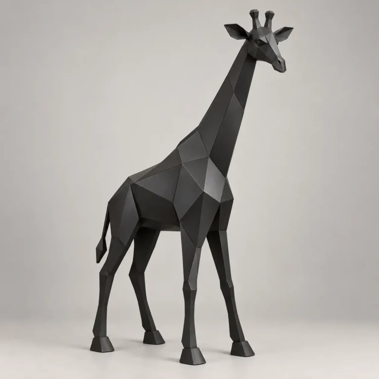 Low-poly giraffe sculpture in matte black metal with a long upright neck