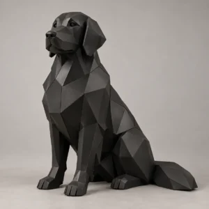 Low-poly Golden Retriever sculpture in matte black metal, sitting with its head turned slightly