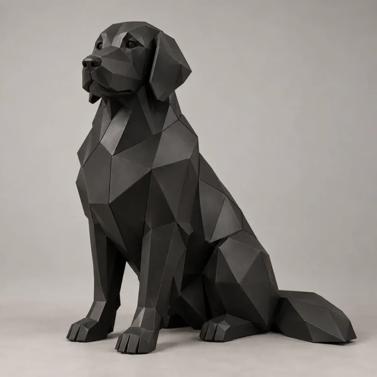 Low-poly Golden Retriever sculpture in matte black metal, sitting with its head turned slightly