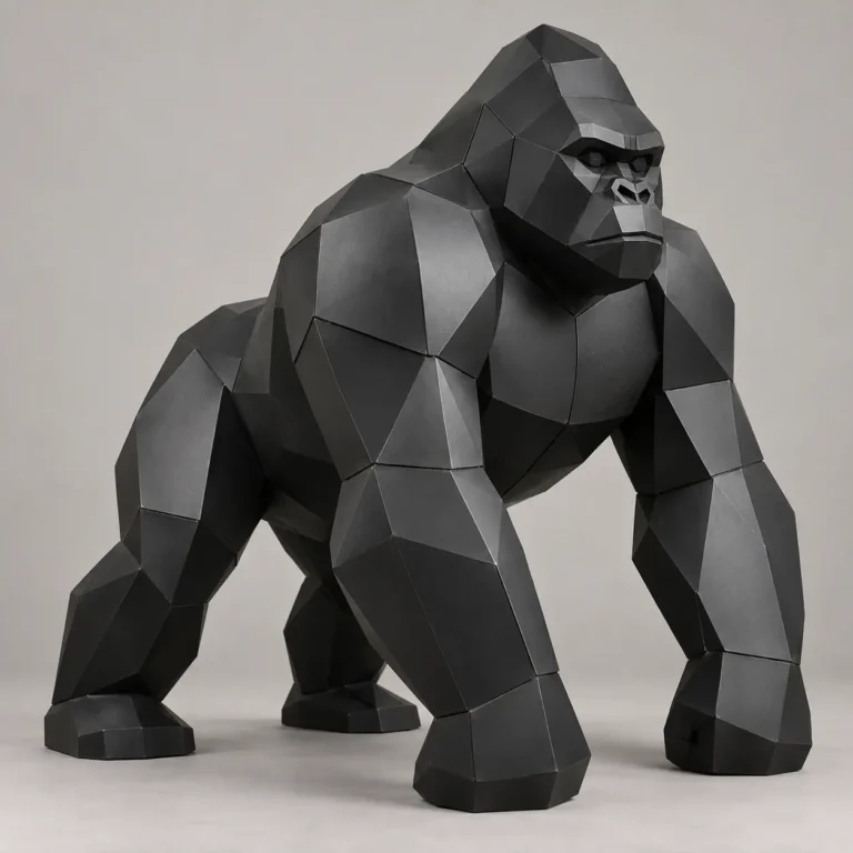Low-poly gorilla sculpture in black metal, standing on its knuckles
