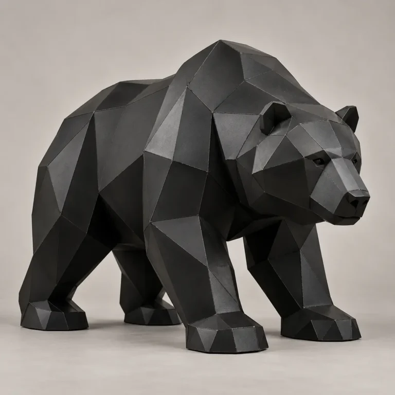 Faceted black metal grizzly bear sculpture walking, with a pronounced shoulder hump