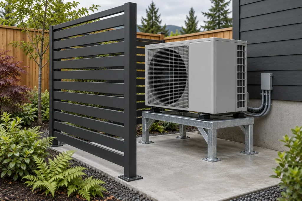 Heat pump raised on a galvanized steel stand beside a black slatted steel screen