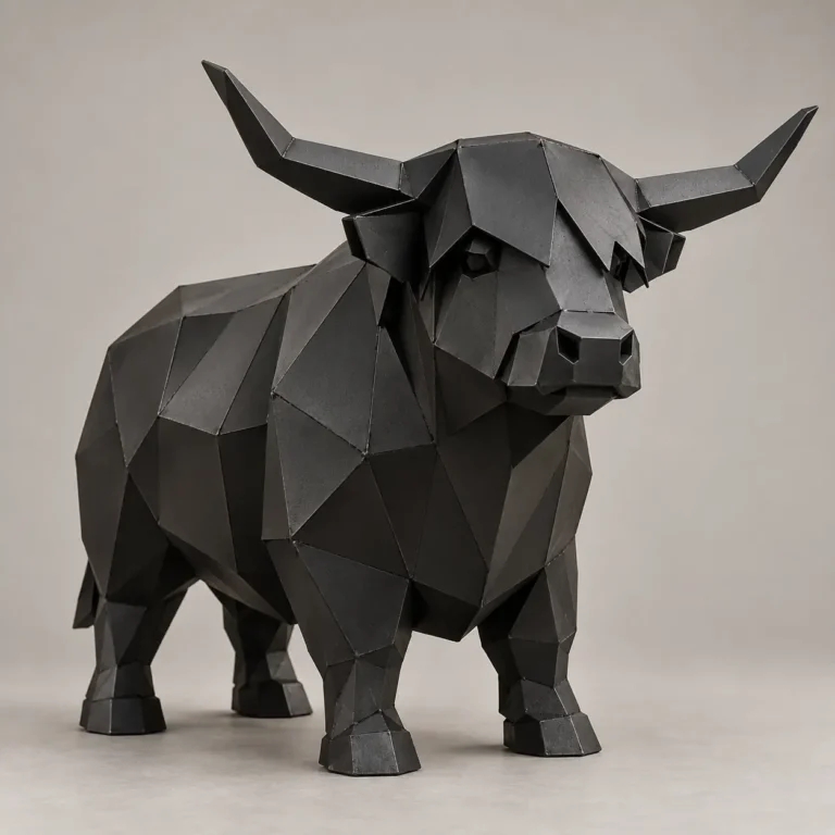 Faceted black metal Highland cow sculpture with long wide horns and a shaggy fringe