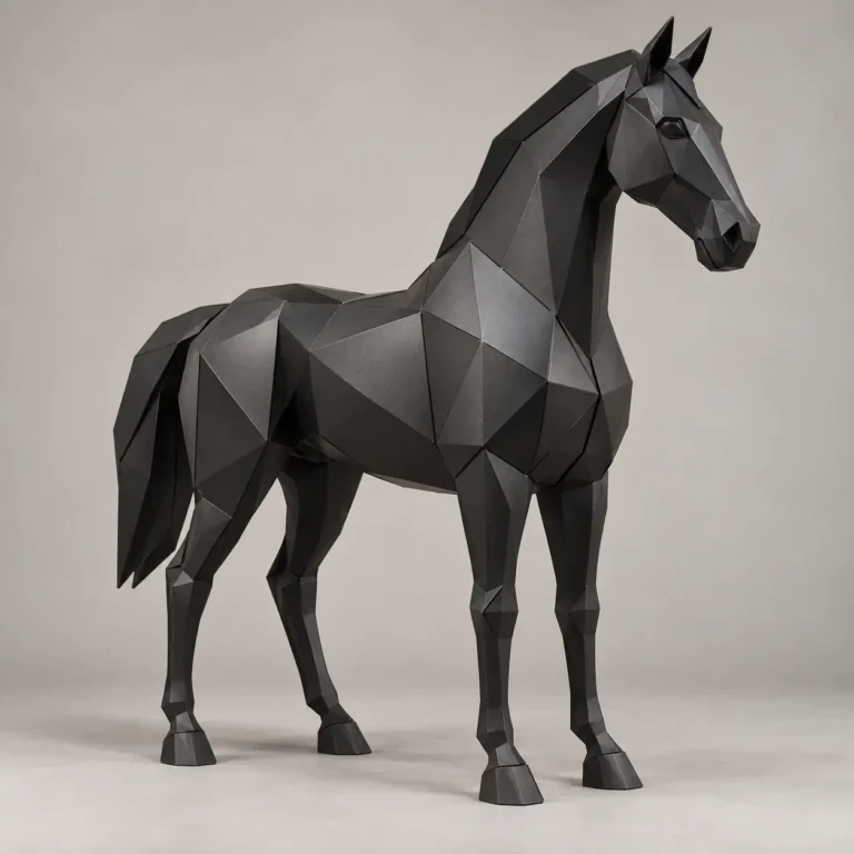 Low-poly horse sculpture in matte black metal, standing with its head held high