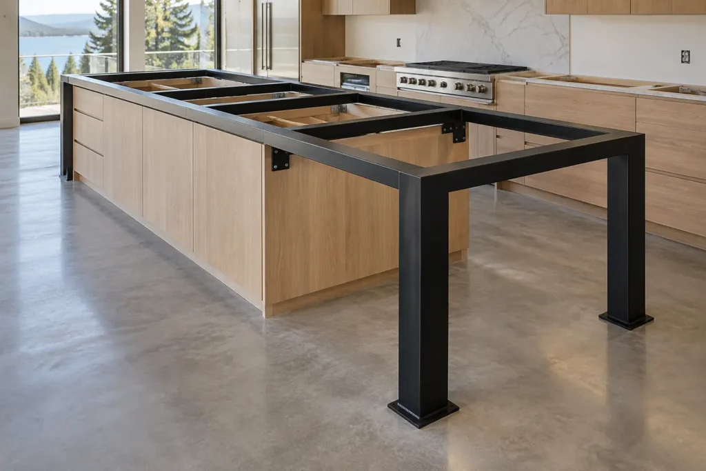 Black steel support frame installed around kitchen island cabinets before the stone top goes on