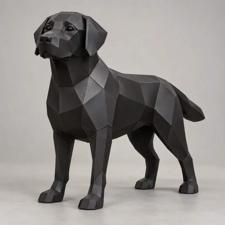Faceted matte black metal Labrador Retriever sculpture standing with drop ears and a straight tail