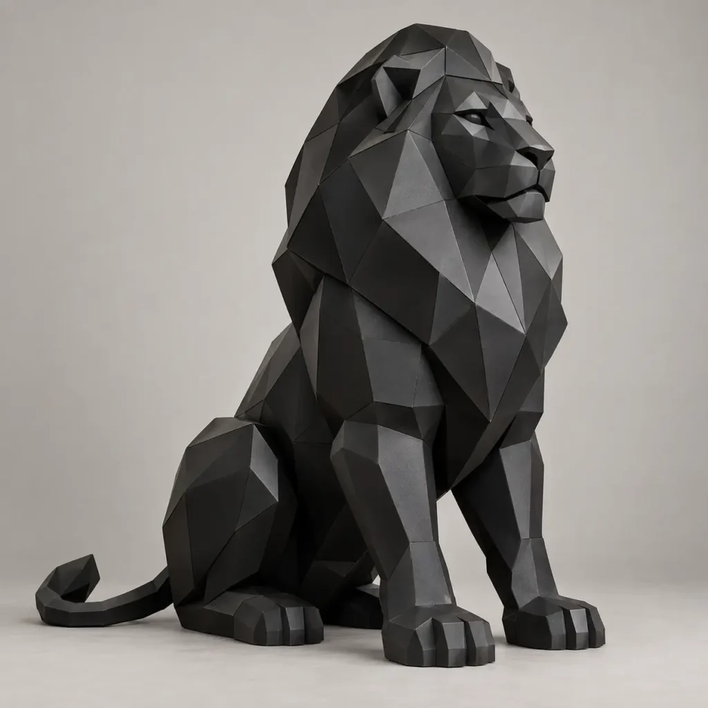 Low-poly male lion sculpture in matte black metal, seated with a faceted mane