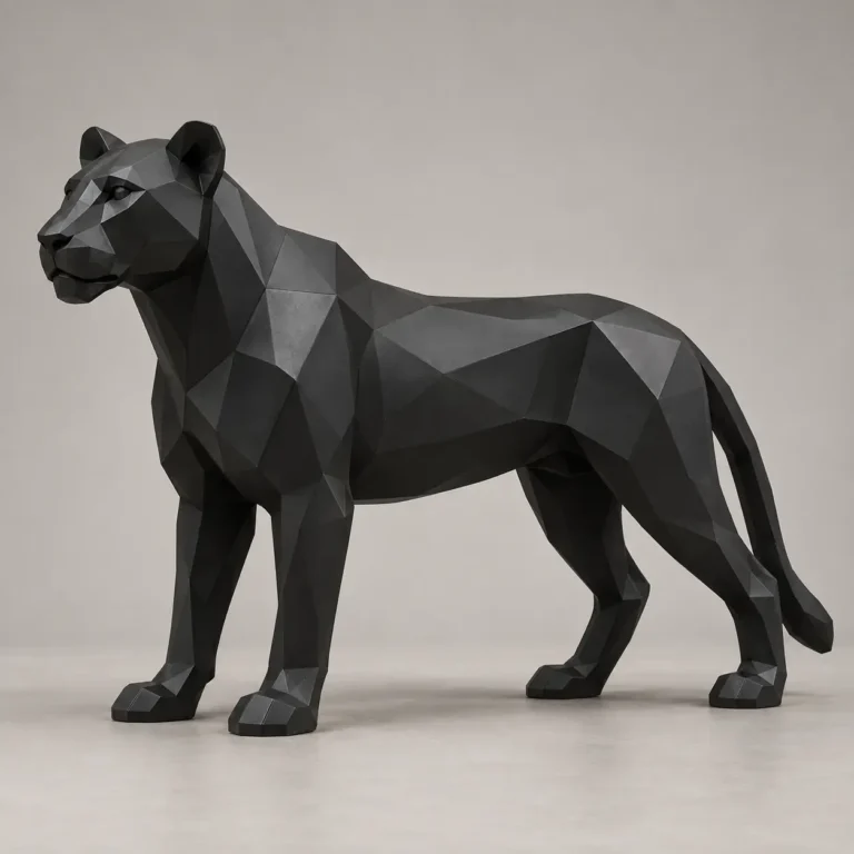 Geometric black metal lioness sculpture standing with a long tail