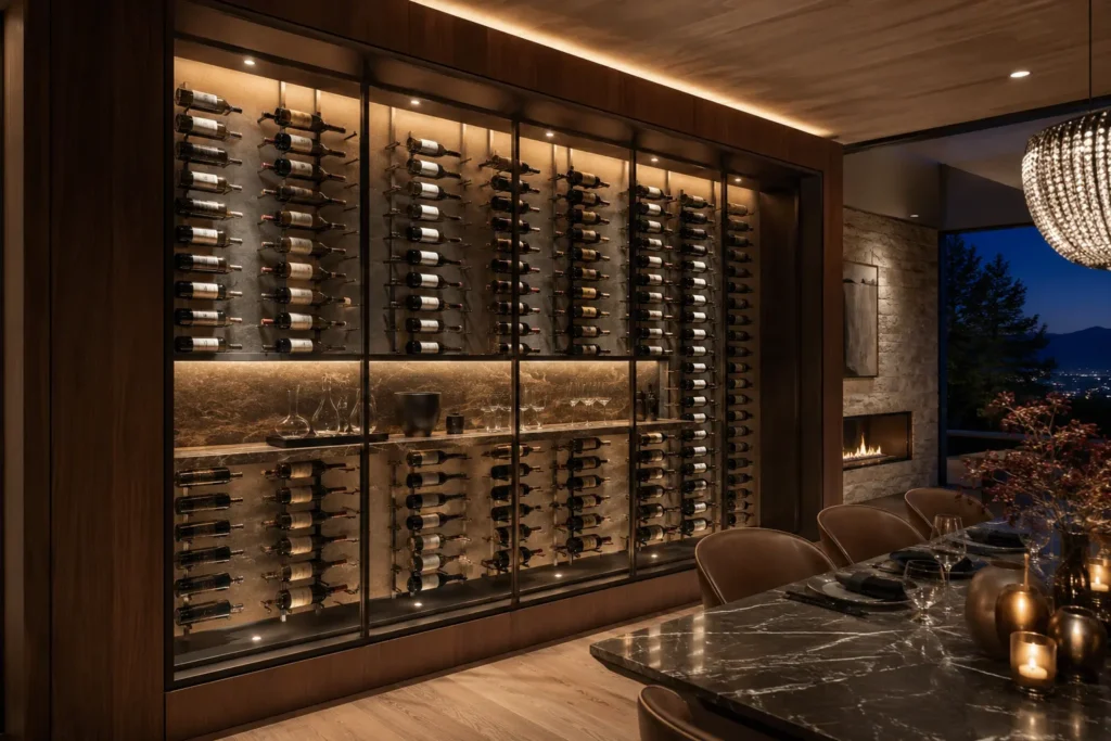 Custom wine feature wall with integrated shelf and lighting
