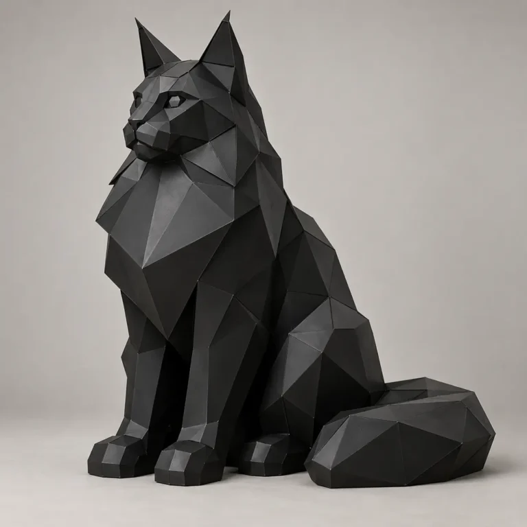 Faceted black metal Maine Coon sculpture sitting with tufted ears and a thick tail