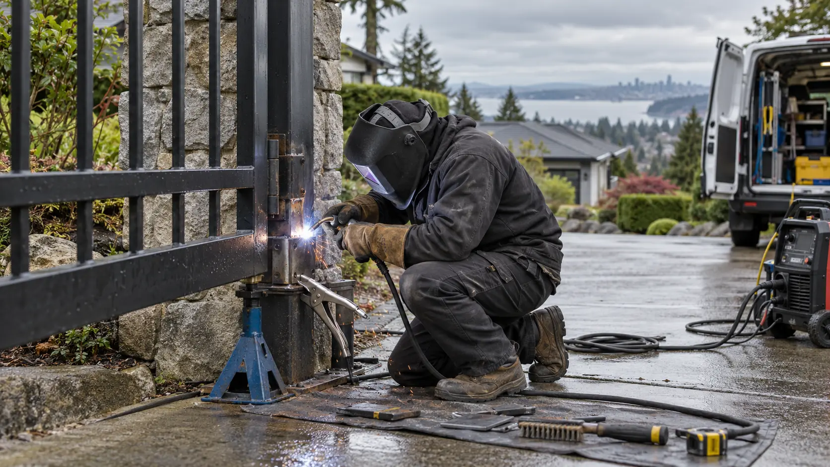 Welder repairing a steel gate on site with a mobile welding setup