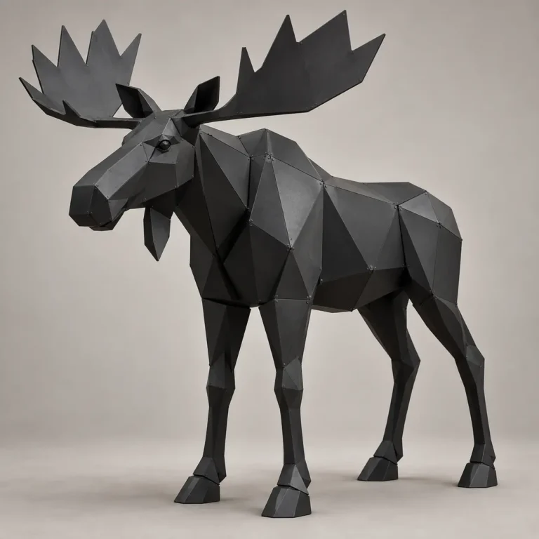 Low-poly moose sculpture in black metal with broad flat antlers