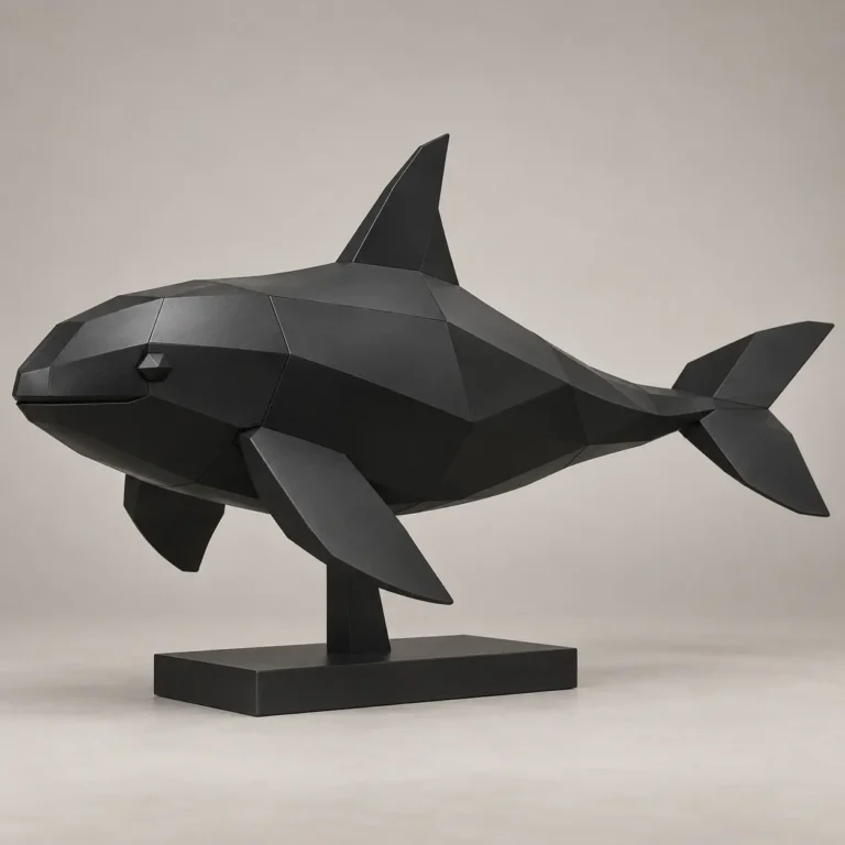 Low-poly orca sculpture in black metal, mounted on a rectangular stand