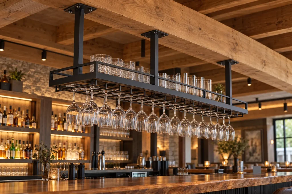 Overhead black steel glass rack holding stemware above a bar