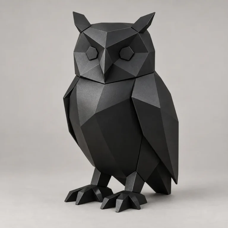 Geometric matte black metal owl sculpture standing upright with ear tufts