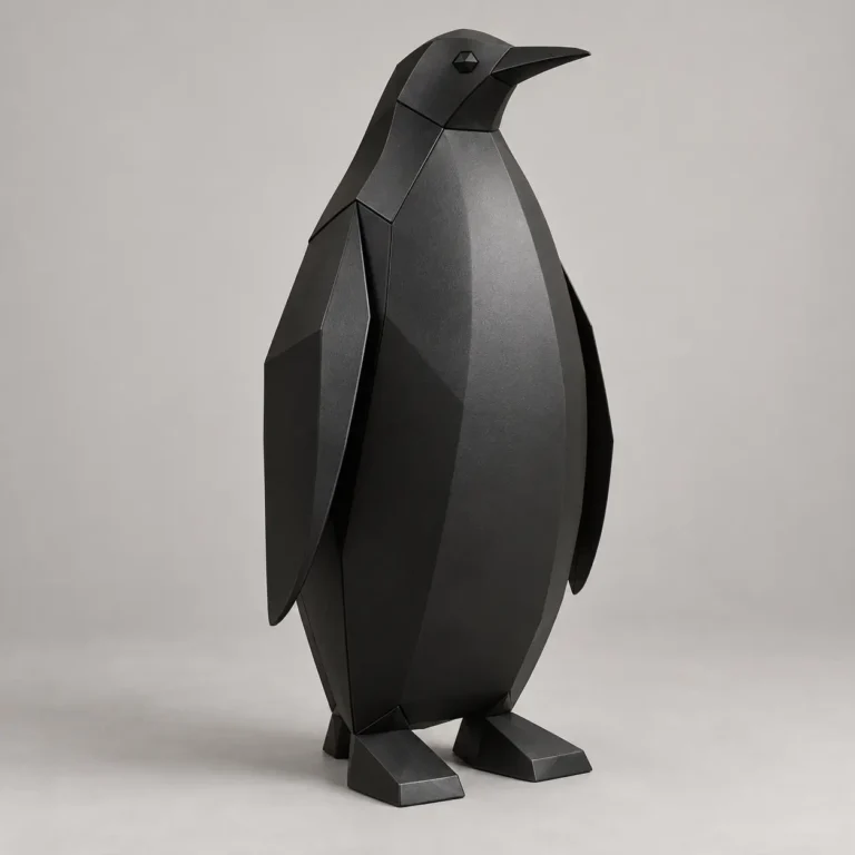 Faceted black metal penguin sculpture standing upright