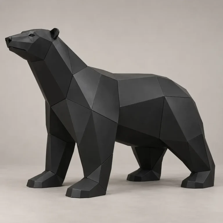 Low-poly polar bear sculpture in matte black metal, walking with its long neck stretched forward