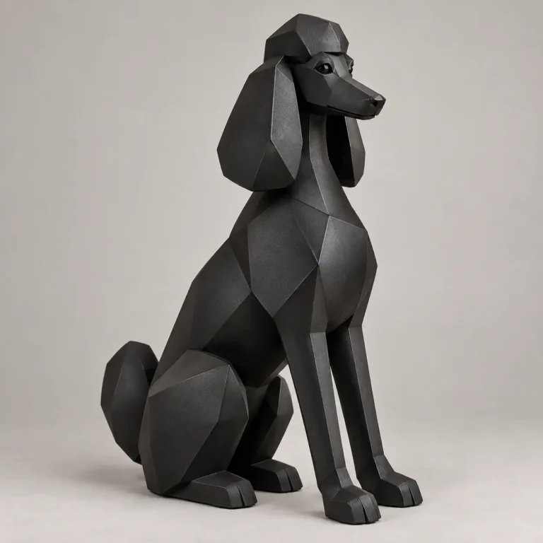 Faceted black metal Poodle sculpture sitting upright with long ears and a rounded tail