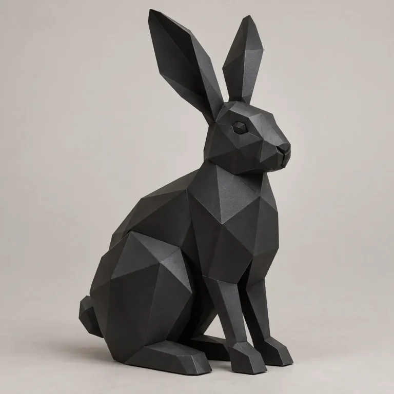 Geometric black metal rabbit sculpture sitting with tall upright ears