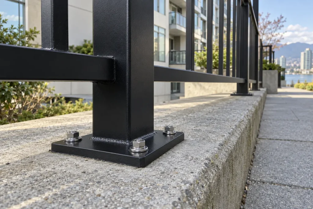 Black steel railing post with a bolted base plate on a concrete curb