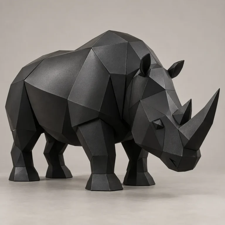 Geometric black metal rhinoceros sculpture standing with a large front horn