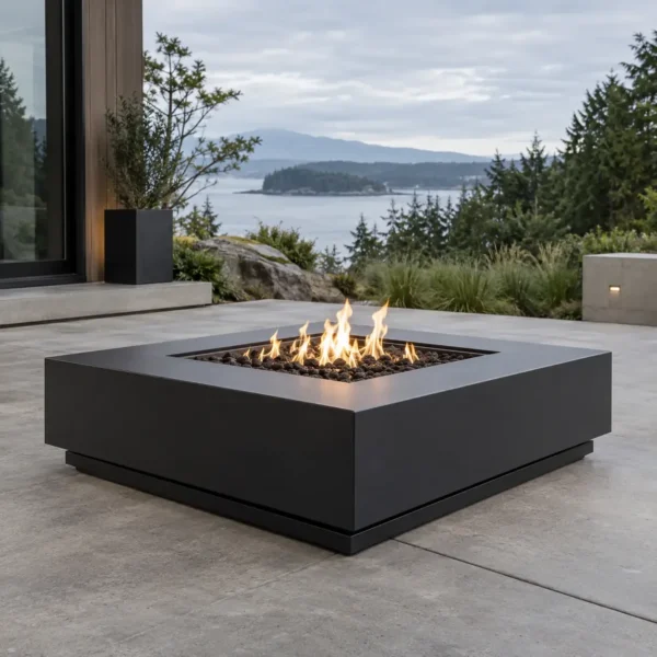 Matte black square steel fire pit table with a central flame bed on a modern patio - TrussMetal Sapphire 01