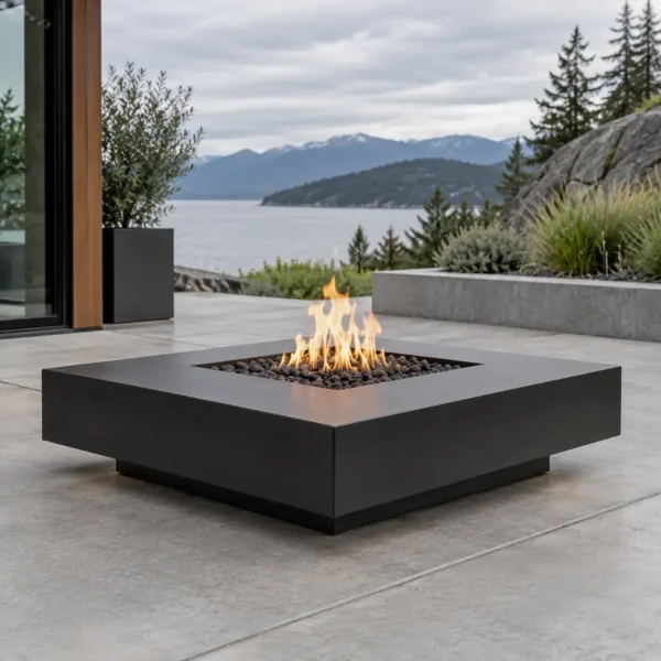 Matte black square steel fire pit with a floating recessed base - TrussMetal Sapphire 02