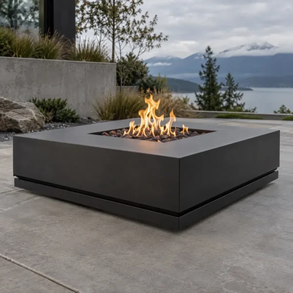 Matte black square steel fire pit with a horizontal shadow-line reveal - TrussMetal Sapphire 03