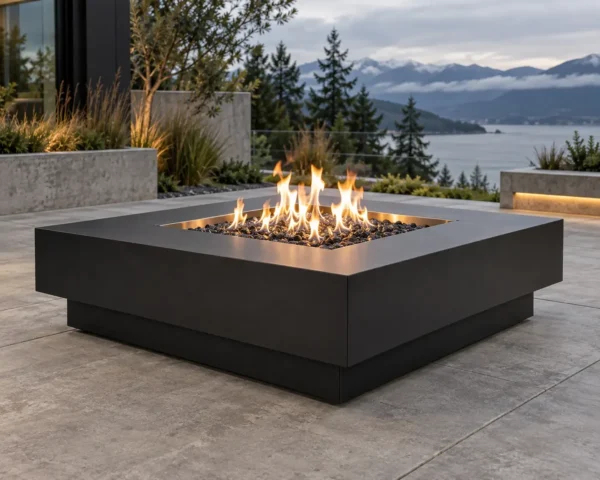 Matte black two-tier stepped square steel fire pit table - TrussMetal Sapphire 04