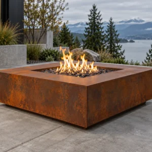 Sapphire 05 Corten Cube Fire Pit Corten weathering-steel cube fire pit with a russet patina on a patio - TrussMetal Sapphire 05