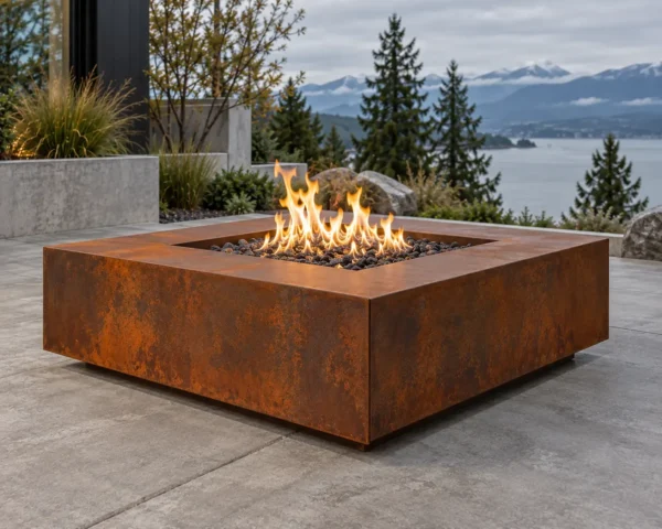 Sapphire 05 Corten Cube Fire Pit Corten weathering-steel cube fire pit with a russet patina on a patio - TrussMetal Sapphire 05