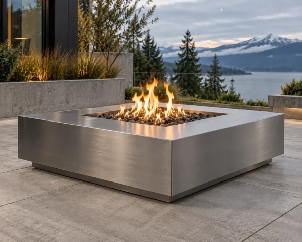 Sapphire 06 Stainless Steel Fire Pit Brushed stainless steel square fire pit table on a modern terrace - TrussMetal Sapphire 06