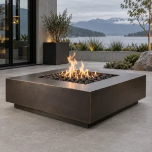 Sapphire 07 Bronze Edition Fire Pit Bronze-tone rectangular steel fire pit table on a patio - TrussMetal Sapphire 07