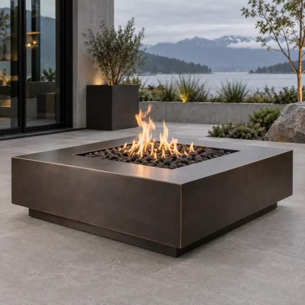 Sapphire 07 Bronze Edition Fire Pit Bronze-tone rectangular steel fire pit table on a patio - TrussMetal Sapphire 07