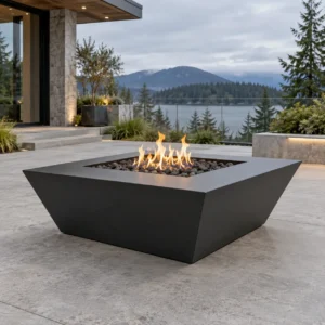 Sapphire 08 Inverted Pyramid Fire Pit Matte black inverted-pyramid steel fire pit tapering to a narrow base - TrussMetal Sapphire 08