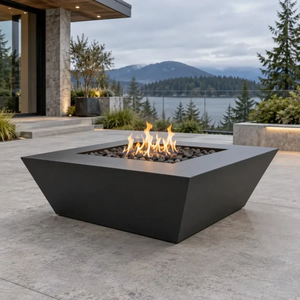 Matte black inverted-pyramid steel fire pit tapering to a narrow base - TrussMetal Sapphire 08