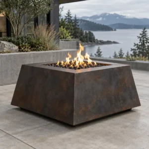 Corten weathering-steel pyramid fire pit with a russet patina - TrussMetal Sapphire 09