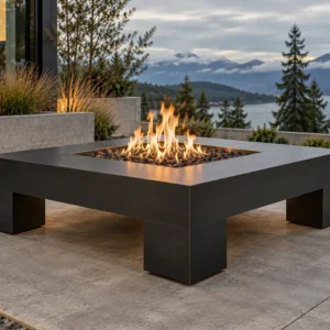 Matte black square steel fire pit on a slim open base - TrussMetal Sapphire 10