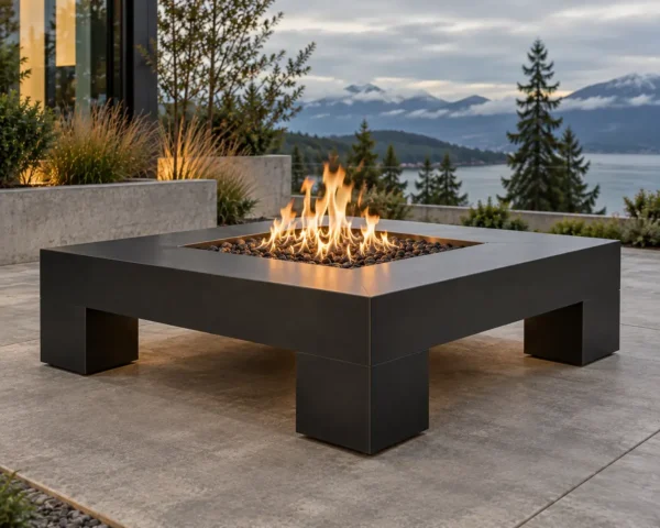 Matte black square steel fire pit on a slim open base - TrussMetal Sapphire 10