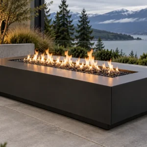 Matte black linear steel fire pit table with a long flame bed on a patio - TrussMetal Sapphire 11