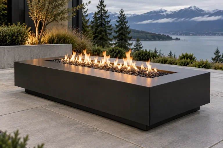 Matte black linear steel fire pit table with a long flame bed on a patio