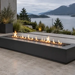 Matte black extra-long linear steel fire pit table - TrussMetal Sapphire 12
