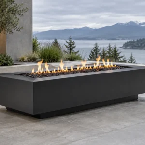 Matte black rectangular steel fire pit with a floating base - TrussMetal Sapphire 13