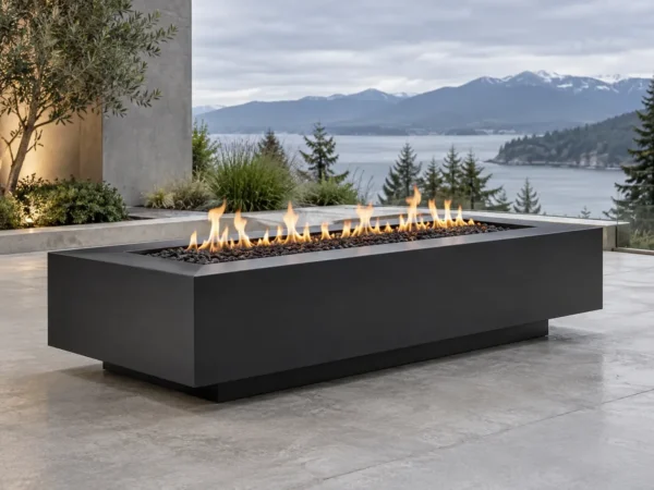 Matte black rectangular steel fire pit with a floating base - TrussMetal Sapphire 13