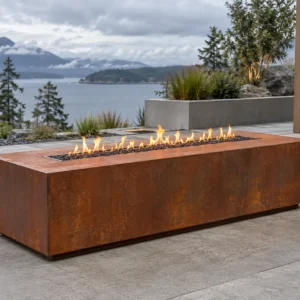 Corten weathering-steel linear fire pit table with a russet patina - TrussMetal Sapphire 14