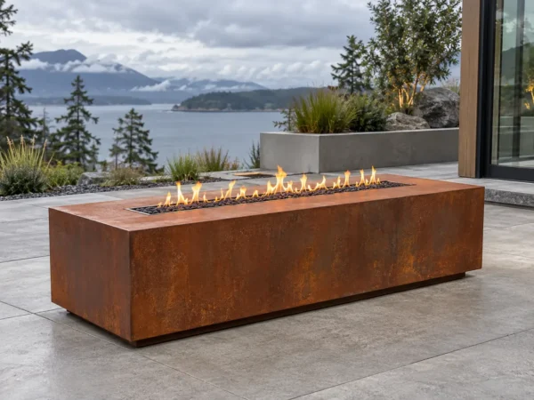 Sapphire 14 Corten Linear Fire Pit Corten weathering-steel linear fire pit table with a russet patina - TrussMetal Sapphire 14