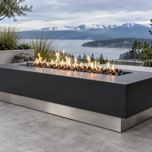 Matte black linear steel fire pit table with a brushed steel base band - TrussMetal Sapphire 15