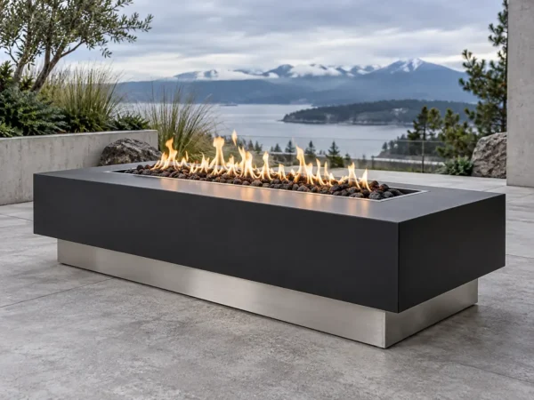 Sapphire 15 Two-Tone Linear Fire Pit Matte black linear steel fire pit table with a brushed steel base band - TrussMetal Sapphire 15